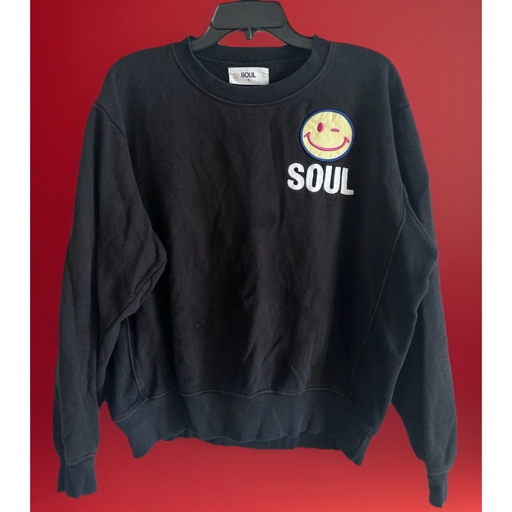 Soul Hardcore Happy Black Sweatshirt Size Small Embroidered Smiley Face RARE Y2K